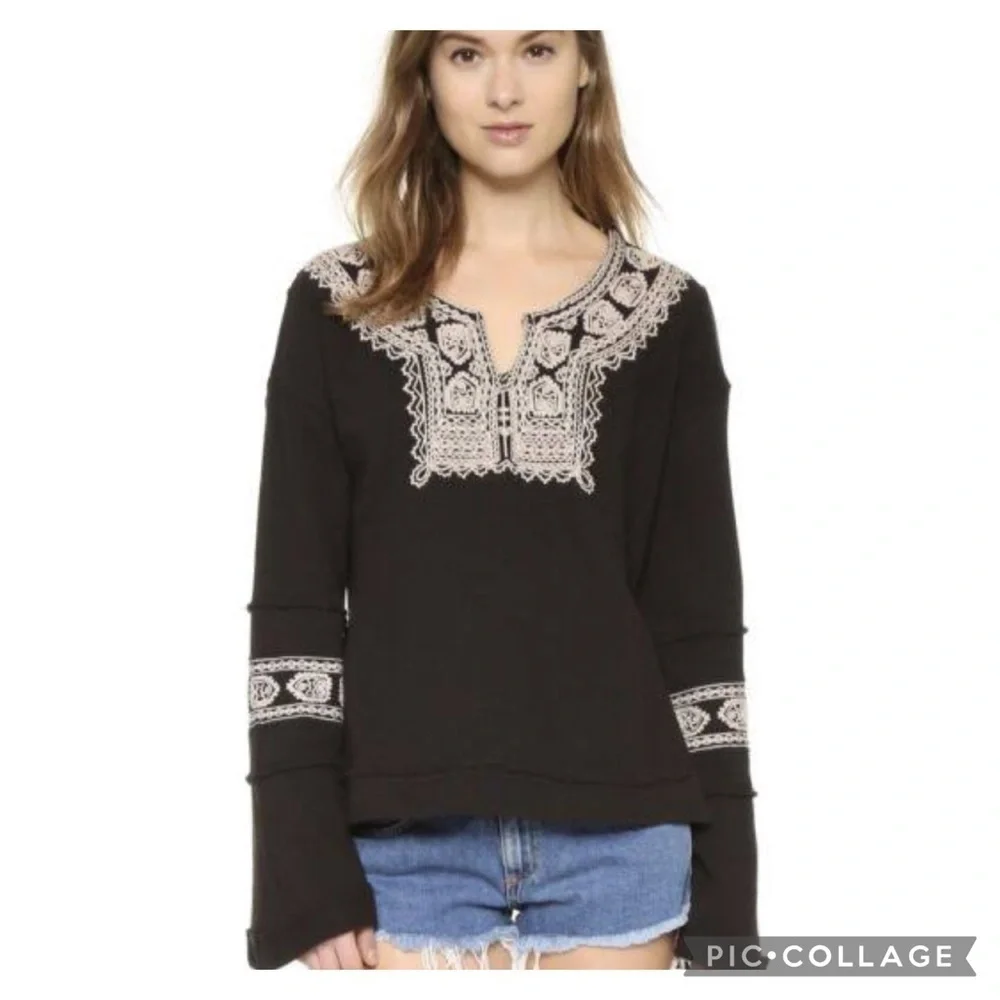 Free People Santa Maria Boho Embroidered Knit Pull-Over Top Size XS